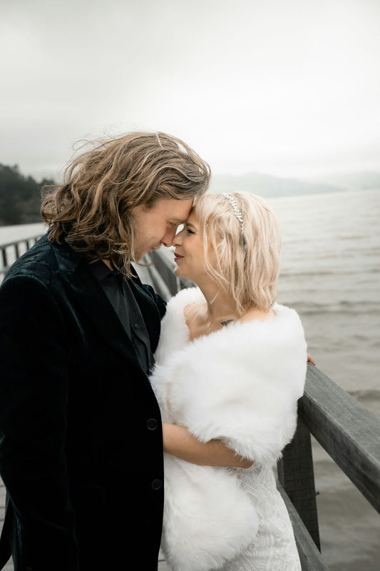 White faux fur shawl/stole, HIRE $30 or $20 with a dress