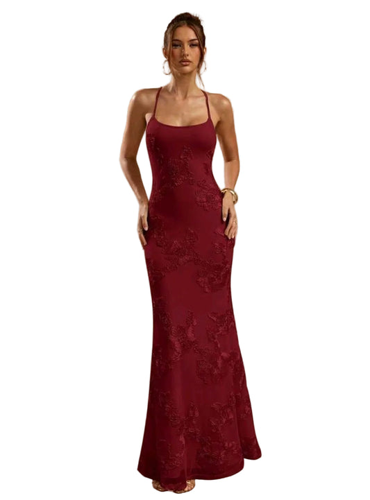 New Burgundy embroidered flowers formal/party dress, size 6-8