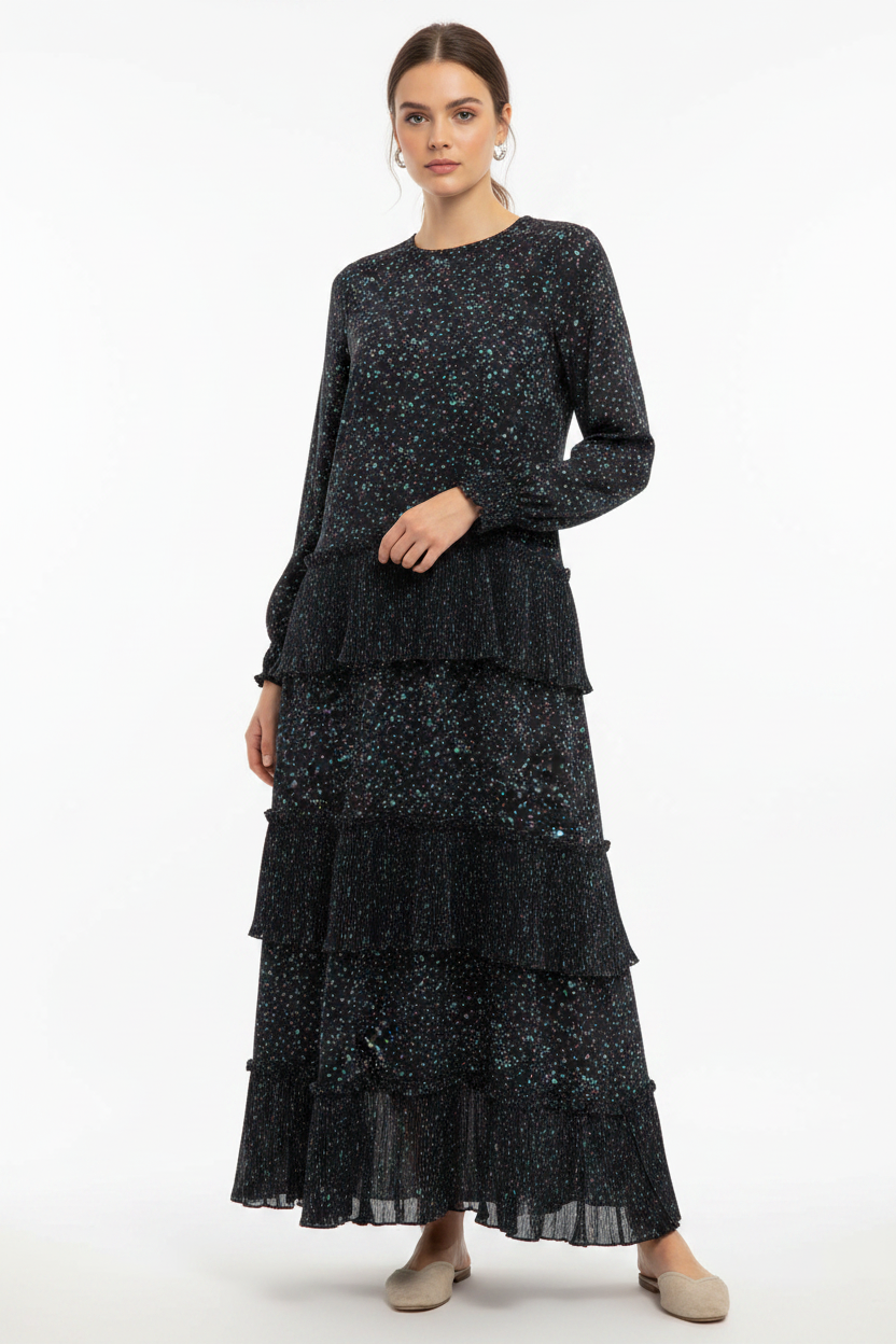 Curate black tiered floral dress, S, size 10-HIRE