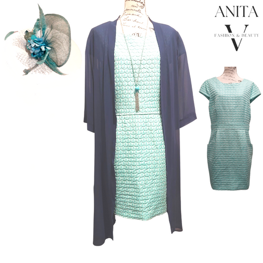Aqua dress, navy coat size 14/16, rent only